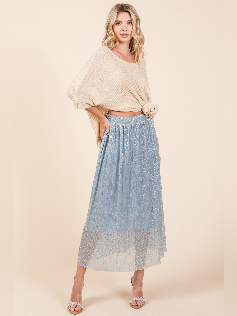 Mittoshop Metallic Glitter Speckle Print Elastic Midi Skirt